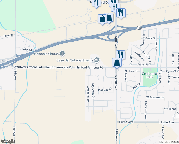 map of restaurants, bars, coffee shops, grocery stores, and more near 1956 Idlewood Circle in Hanford
