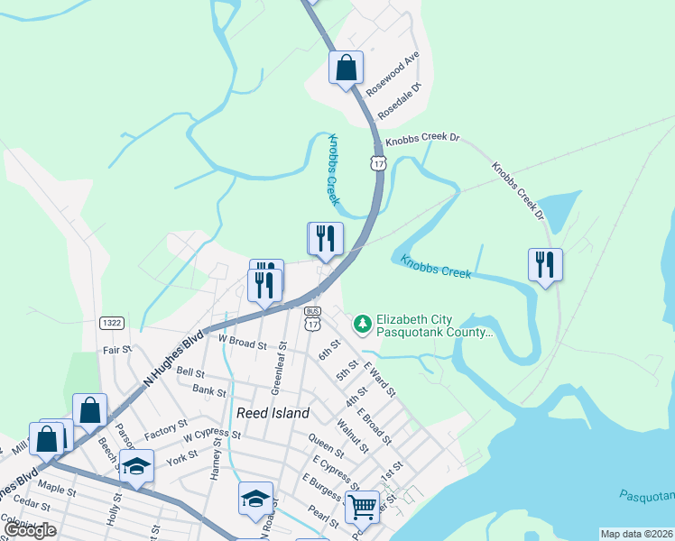 map of restaurants, bars, coffee shops, grocery stores, and more near U.S. 17 in Elizabeth City