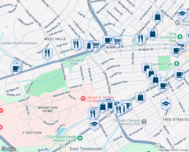 map of restaurants, bars, coffee shops, grocery stores, and more near 617 Hamilton Street in Johnson City
