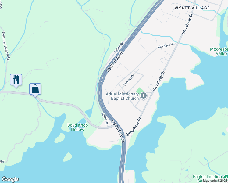 map of restaurants, bars, coffee shops, grocery stores, and more near 620 Kirkham Road in Bean Station