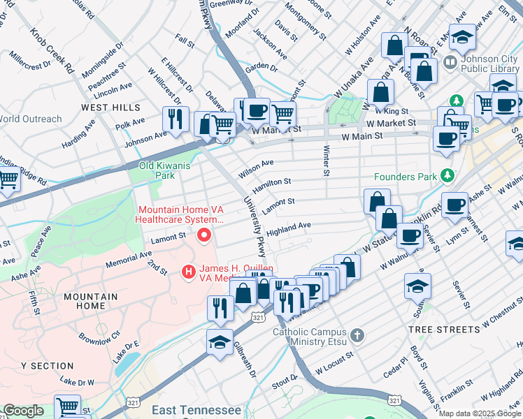 map of restaurants, bars, coffee shops, grocery stores, and more near 510 Lamont Street in Johnson City
