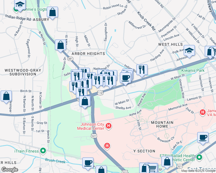 map of restaurants, bars, coffee shops, grocery stores, and more near 1710 Tennessee 34 in Johnson City