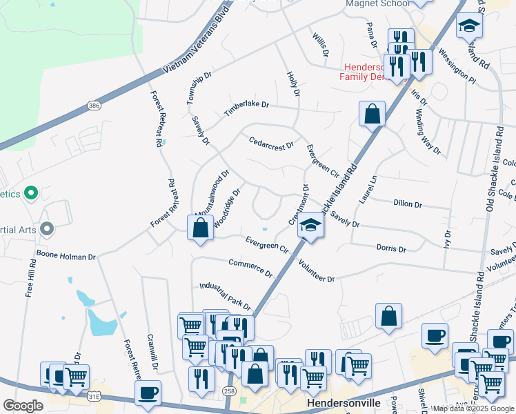 map of restaurants, bars, coffee shops, grocery stores, and more near 133 Lynnhurst Circle in Hendersonville