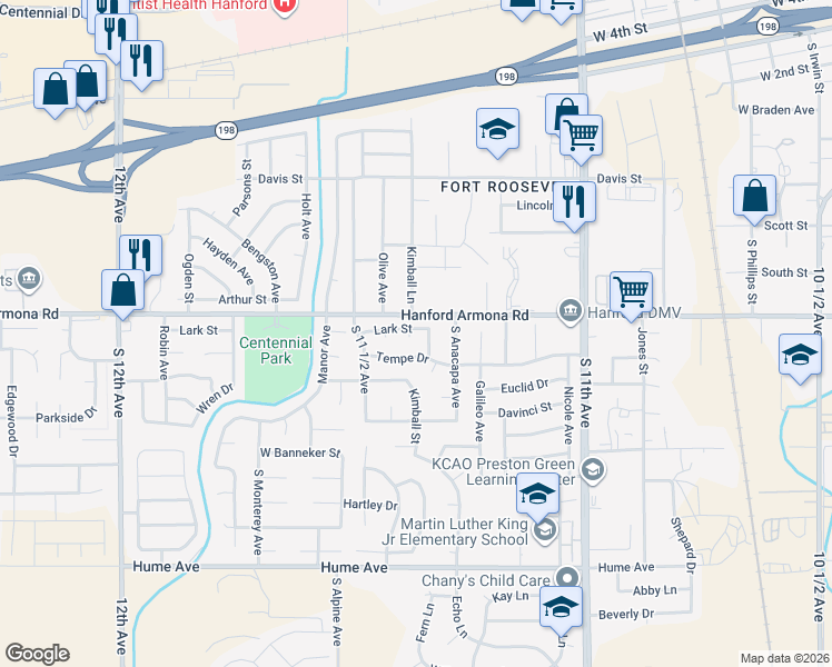 map of restaurants, bars, coffee shops, grocery stores, and more near 1033 Kimball Court in Hanford