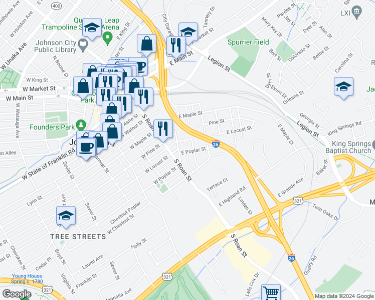 map of restaurants, bars, coffee shops, grocery stores, and more near 207 East Poplar Street in Johnson City