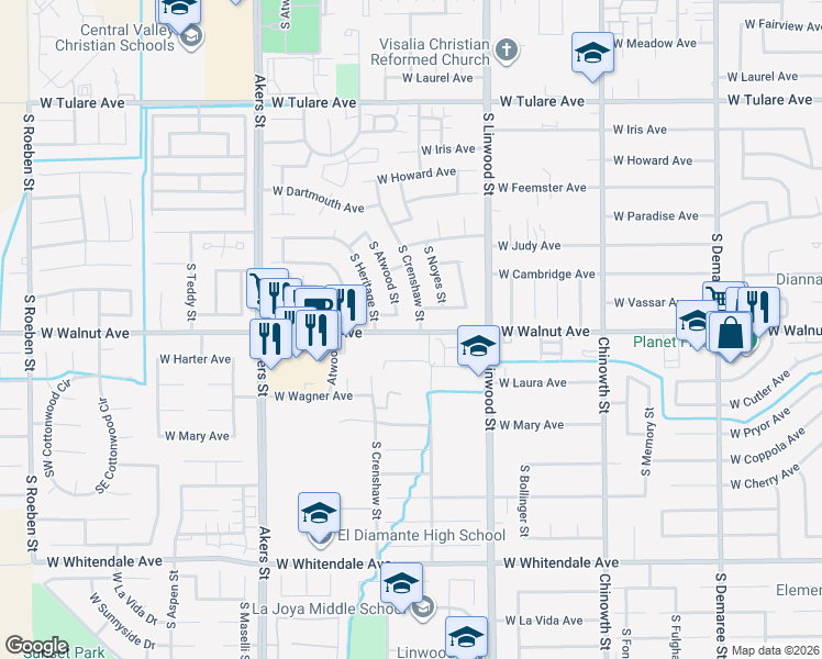 map of restaurants, bars, coffee shops, grocery stores, and more near 4721 West Vassar Avenue in Visalia