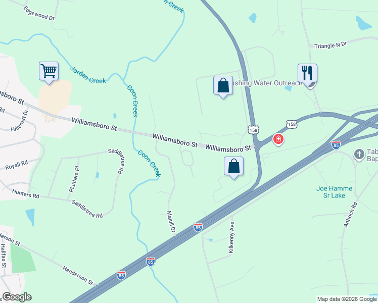 map of restaurants, bars, coffee shops, grocery stores, and more near 1490 Williamsboro Street in Oxford