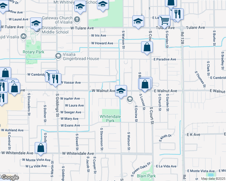 map of restaurants, bars, coffee shops, grocery stores, and more near 1921 South Johnson Street in Visalia