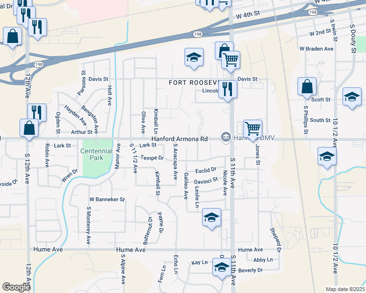 map of restaurants, bars, coffee shops, grocery stores, and more near 11214-11256 Hanford Armona Road in Hanford