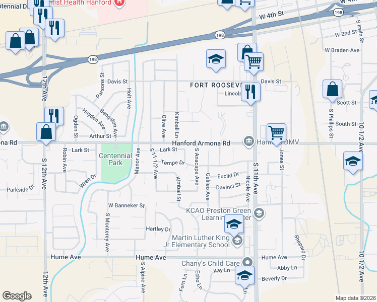 map of restaurants, bars, coffee shops, grocery stores, and more near 1084 Lark Street in Hanford