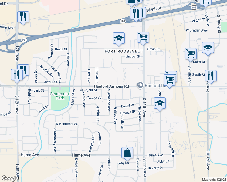 map of restaurants, bars, coffee shops, grocery stores, and more near 11214-11256 Hanford Armona Road in Hanford