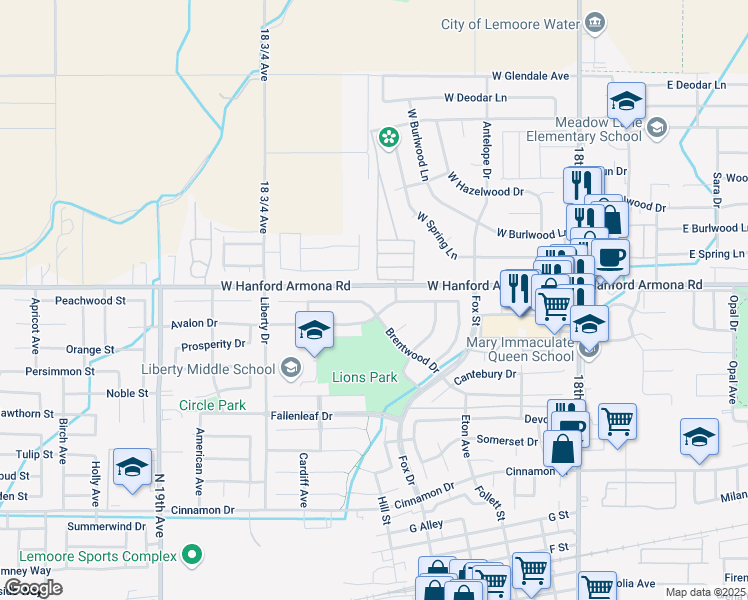 map of restaurants, bars, coffee shops, grocery stores, and more near 448-450 W Hanford Armona Rd in Lemoore