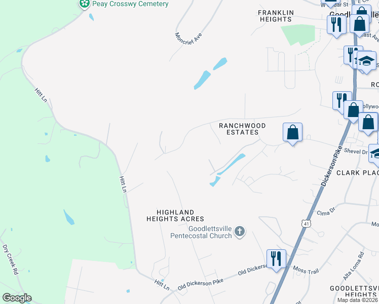 map of restaurants, bars, coffee shops, grocery stores, and more near 414 Rosehill Drive in Goodlettsville
