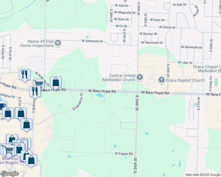 map of restaurants, bars, coffee shops, grocery stores, and more near 2715 West Centennial Drive in Rogers