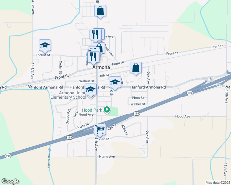 map of restaurants, bars, coffee shops, grocery stores, and more near 11075 C Street in Armona