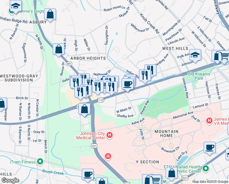 map of restaurants, bars, coffee shops, grocery stores, and more near 1702 West Market Street in Johnson City