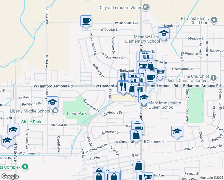 map of restaurants, bars, coffee shops, grocery stores, and more near 300-318 West Hanford Armona Road in Lemoore