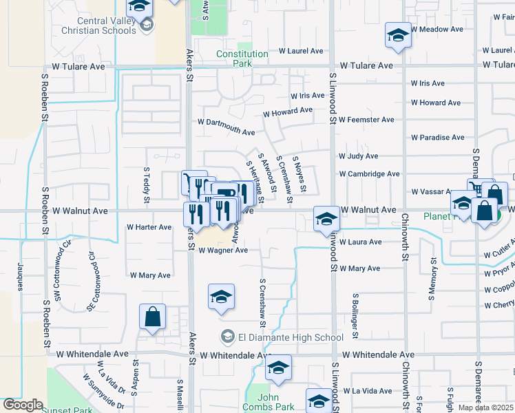 map of restaurants, bars, coffee shops, grocery stores, and more near 1910 South San Joaquin Drive in Visalia