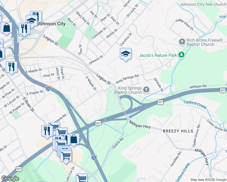 map of restaurants, bars, coffee shops, grocery stores, and more near in Johnson City