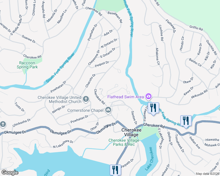 map of restaurants, bars, coffee shops, grocery stores, and more near 12 Spring River Lane in Cherokee Village