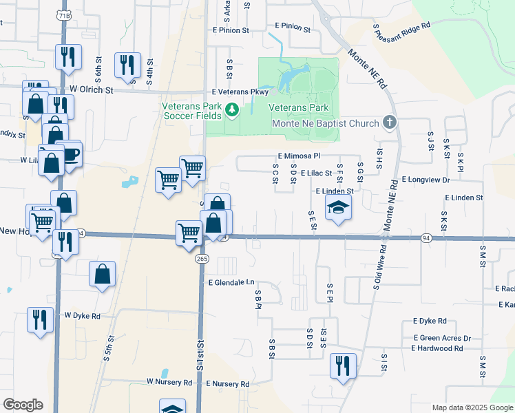 map of restaurants, bars, coffee shops, grocery stores, and more near 115 East Linden Street in Rogers