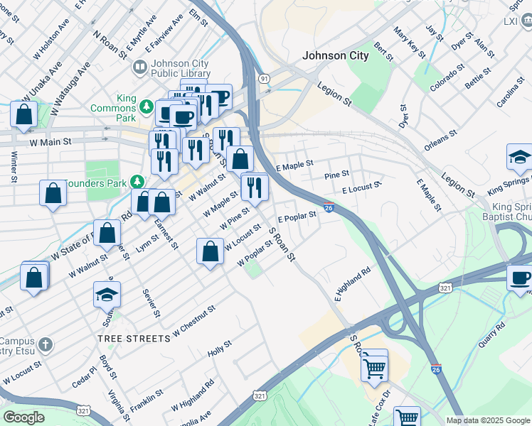 map of restaurants, bars, coffee shops, grocery stores, and more near 110 E Pine St in Johnson City