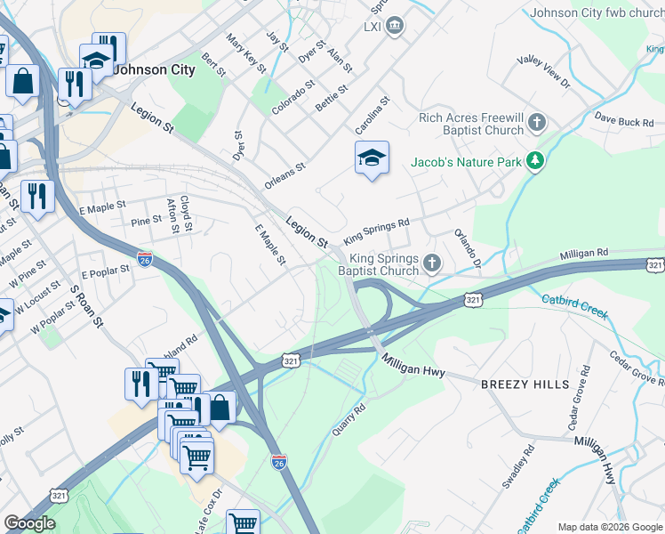 map of restaurants, bars, coffee shops, grocery stores, and more near in Johnson City