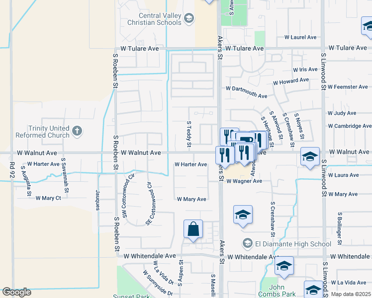 map of restaurants, bars, coffee shops, grocery stores, and more near 1937 South Teddy Street in Visalia