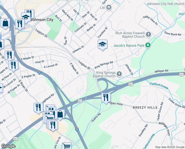 map of restaurants, bars, coffee shops, grocery stores, and more near in Johnson City