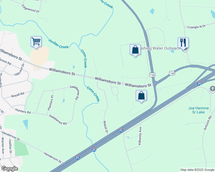 map of restaurants, bars, coffee shops, grocery stores, and more near 1113 Williamsboro Street in Oxford