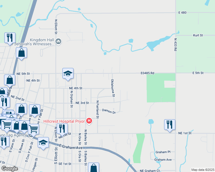 map of restaurants, bars, coffee shops, grocery stores, and more near 1220 Northeast 5th Street in Pryor
