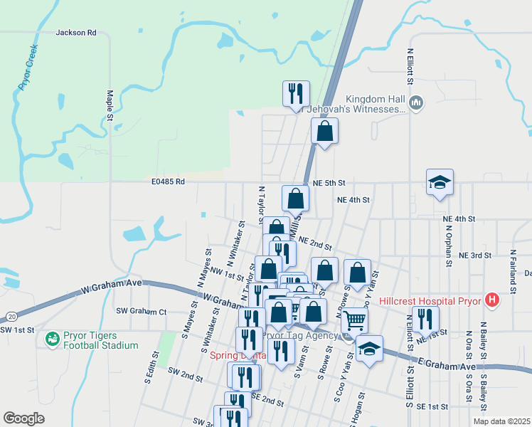 map of restaurants, bars, coffee shops, grocery stores, and more near 314 North Taylor Street in Pryor