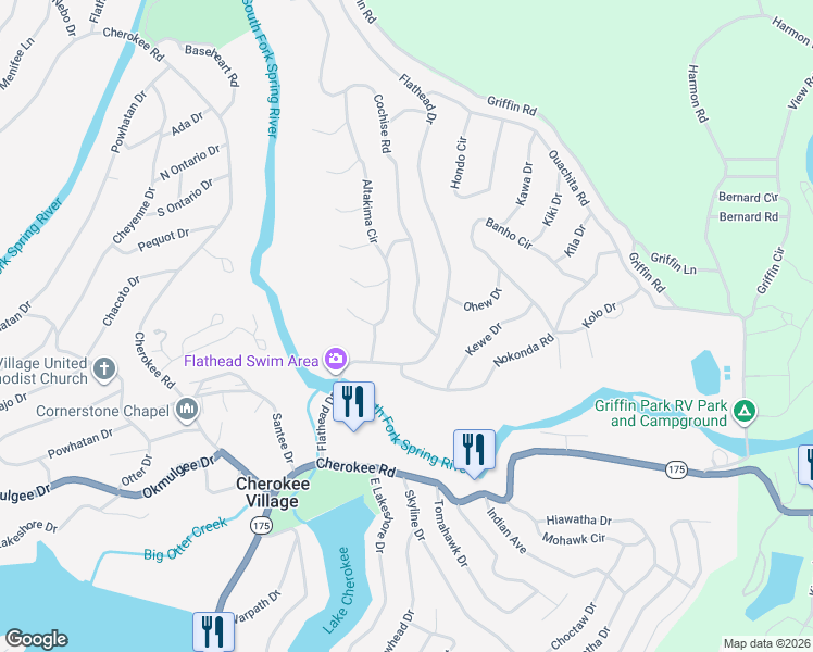 map of restaurants, bars, coffee shops, grocery stores, and more near 113 Cochise Road in Cherokee Village