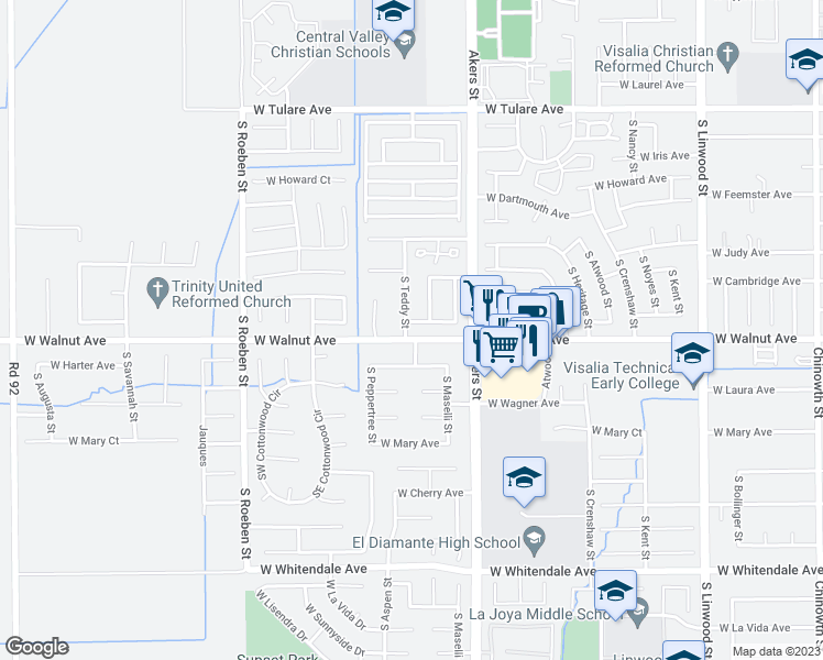 map of restaurants, bars, coffee shops, grocery stores, and more near 1936 South Teddy Street in Visalia