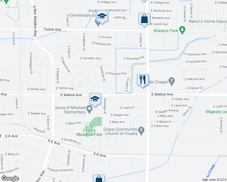 map of restaurants, bars, coffee shops, grocery stores, and more near 2423 East Vassar Drive in Visalia