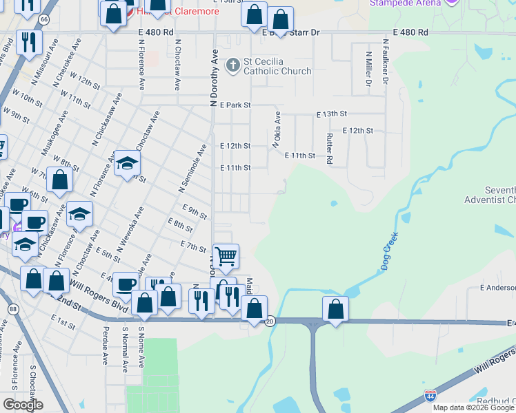 map of restaurants, bars, coffee shops, grocery stores, and more near 805 East 10th Street in Claremore