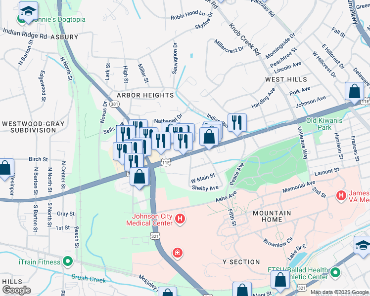 map of restaurants, bars, coffee shops, grocery stores, and more near 1710 Tennessee 34 in Johnson City