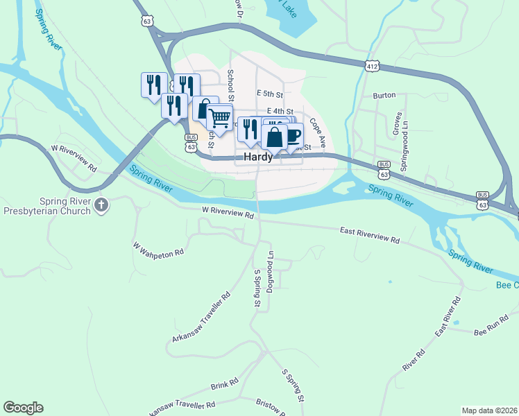 map of restaurants, bars, coffee shops, grocery stores, and more near 19 East Valley Drive in Hardy