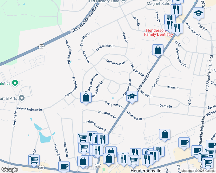 map of restaurants, bars, coffee shops, grocery stores, and more near 133 Lynnhurst Circle in Hendersonville