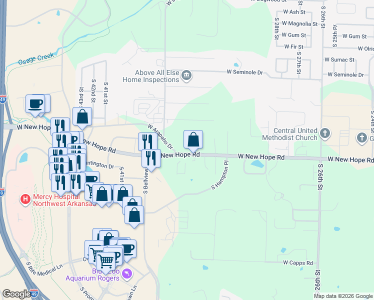 map of restaurants, bars, coffee shops, grocery stores, and more near 1810 South Prestwick Place in Rogers