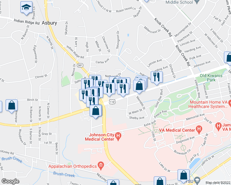 map of restaurants, bars, coffee shops, grocery stores, and more near 1709 Lamons Lane in Johnson City