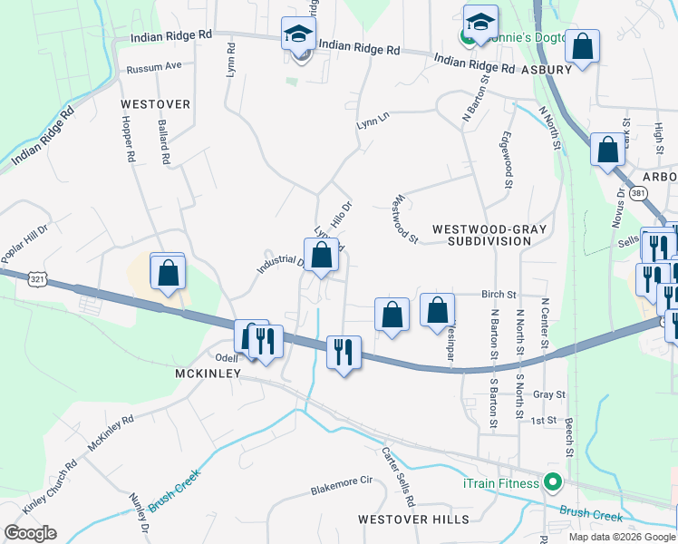 map of restaurants, bars, coffee shops, grocery stores, and more near 147 Lynn Road in Johnson City