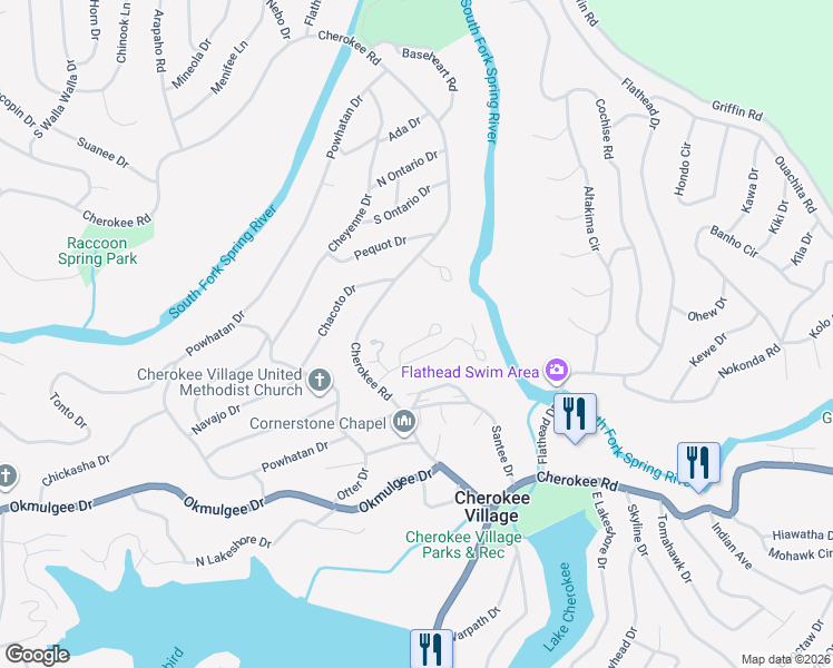 map of restaurants, bars, coffee shops, grocery stores, and more near 12 Spring River Lane in Cherokee Village