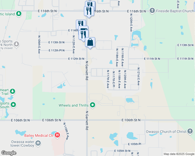 map of restaurants, bars, coffee shops, grocery stores, and more near 11414 East 110th Street North in Owasso