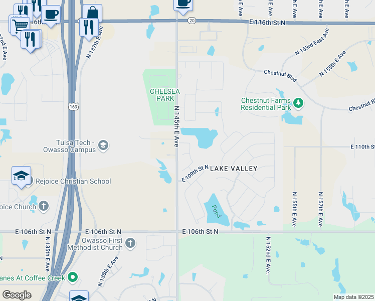 map of restaurants, bars, coffee shops, grocery stores, and more near 14507 East 110th Street North in Owasso