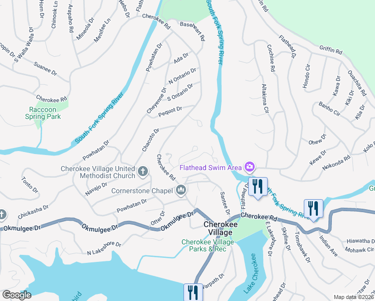 map of restaurants, bars, coffee shops, grocery stores, and more near 12 Spring River Lane in Cherokee Village