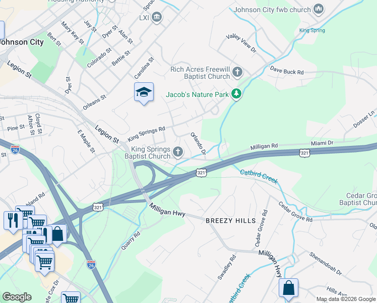 map of restaurants, bars, coffee shops, grocery stores, and more near 1714 Orlando Drive in Johnson City