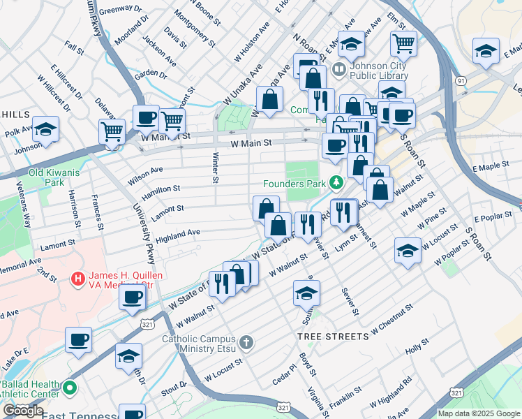 map of restaurants, bars, coffee shops, grocery stores, and more near 219 Lamont Street in Johnson City