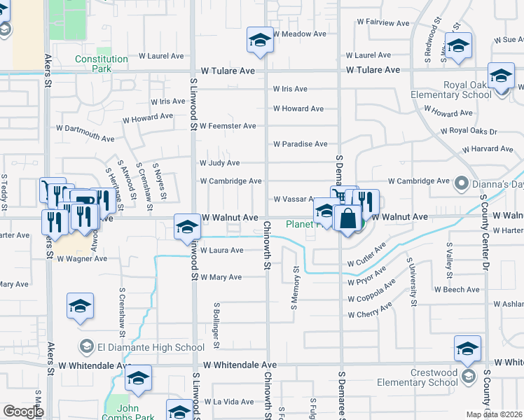map of restaurants, bars, coffee shops, grocery stores, and more near 1927 Chinowth Street in Visalia
