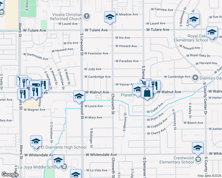map of restaurants, bars, coffee shops, grocery stores, and more near 1927 Chinowth Street in Visalia